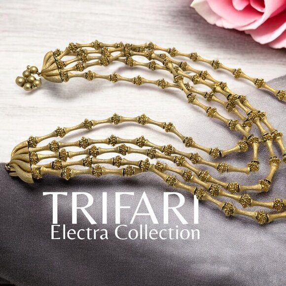 Vintage TRIFARI Electra Collection 5 Strand Metal Bead Necklace Gorgeous Gold Tn - Picture 1 of 11